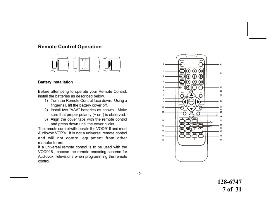 Remote control operation | Audiovox VOD916 User Manual | Page 7 / 31