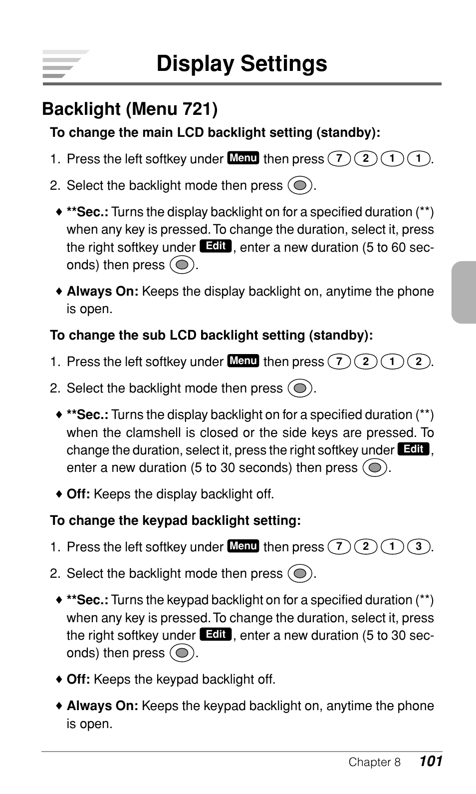 Display settings, Backlight (menu 721) | Audiovox CDM-9900 User Manual | Page 103 / 162