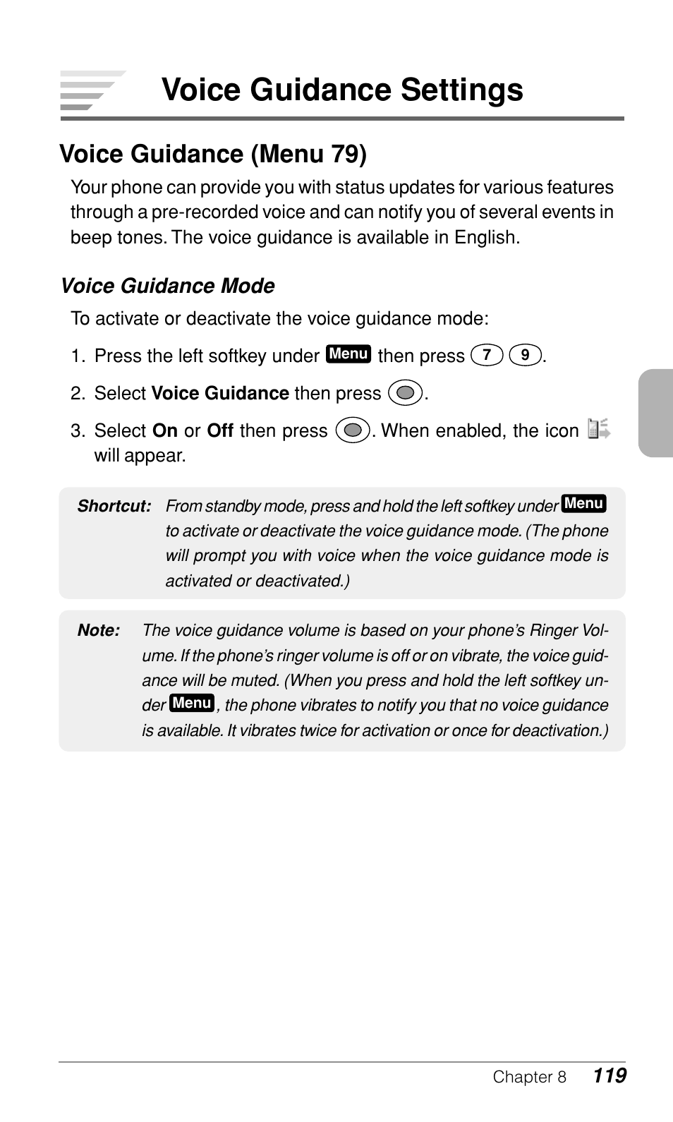 Voice guidance settings, Voice guidance (menu 79), Voice guidance mode | Audiovox CDM-9900 User Manual | Page 121 / 162