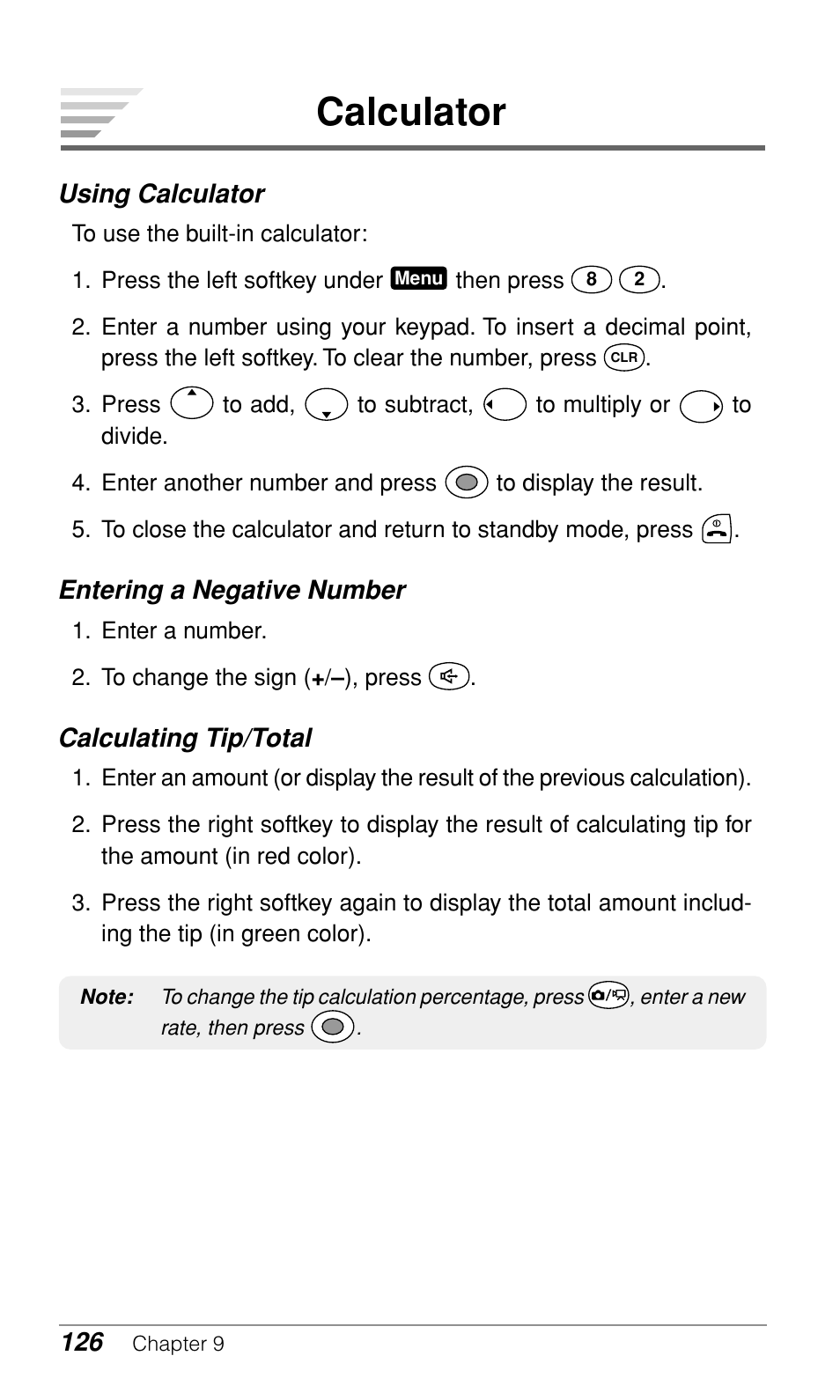 Calculator, Using calculator, Entering a negative number | Calculating tip/total | Audiovox CDM-9900 User Manual | Page 128 / 162