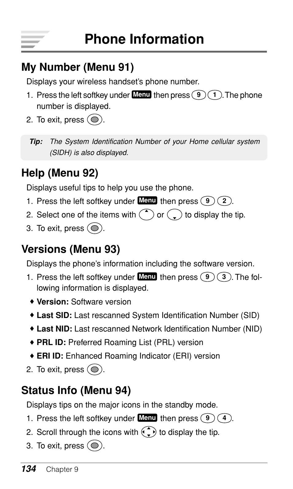 Phone information, My number (menu 91), Help (menu 92) | Versions (menu 93), Status info (menu 94) | Audiovox CDM-9900 User Manual | Page 136 / 162
