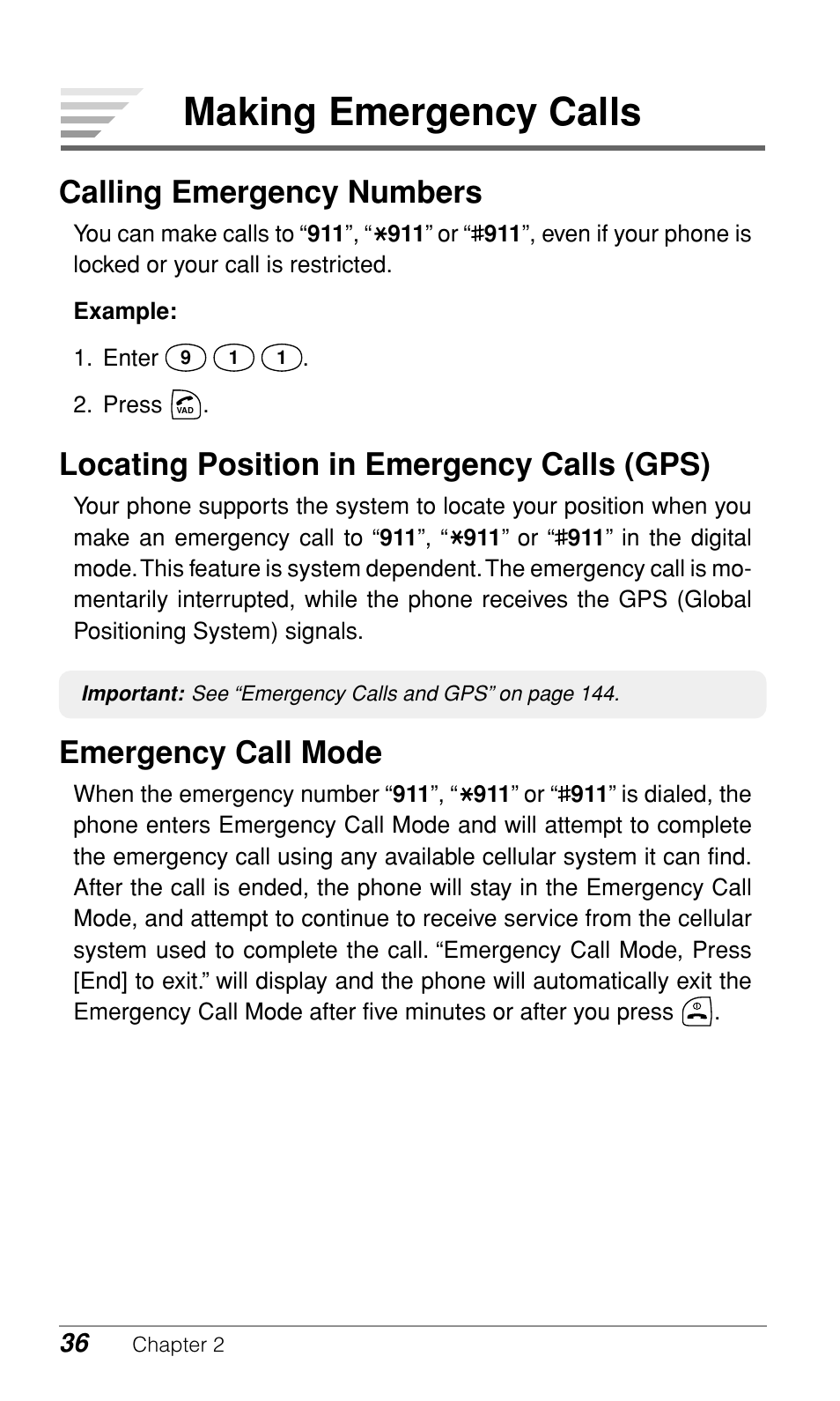 Making emergency calls, Calling emergency numbers, Locating position in emergency calls (gps) | Emergency call mode | Audiovox CDM-9900 User Manual | Page 38 / 162