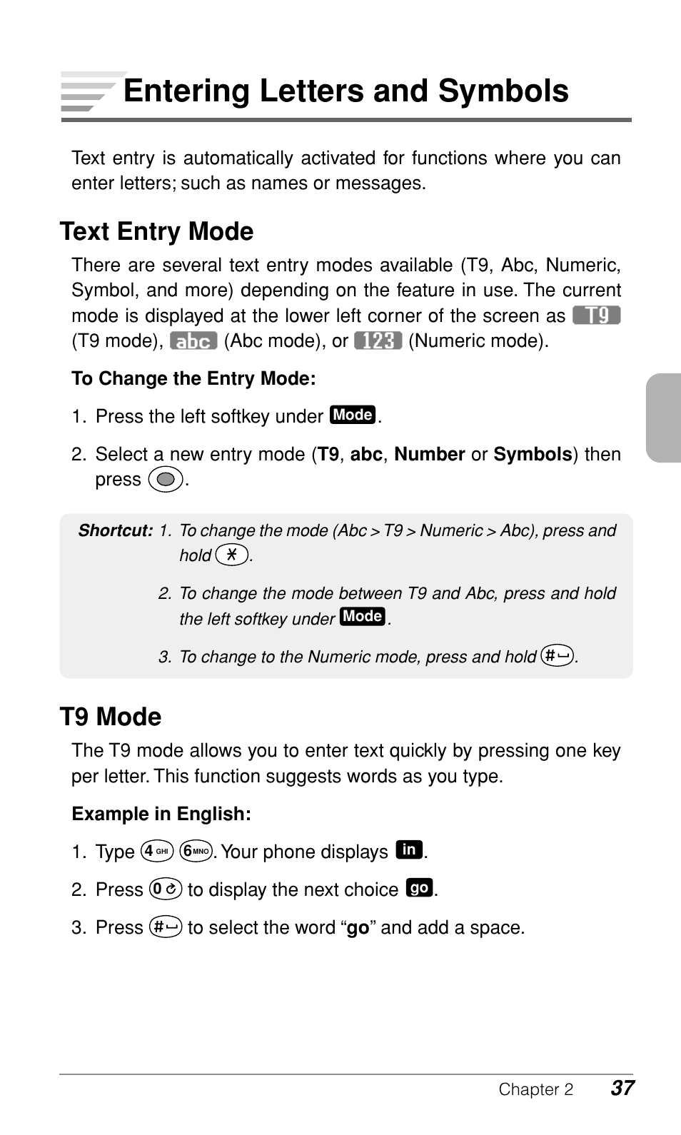 Entering letters and symbols, Text entry mode, T9 mode | Audiovox CDM-9900 User Manual | Page 39 / 162