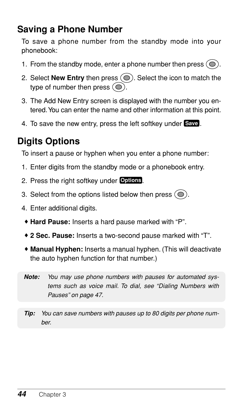 Saving a phone number, Digits options | Audiovox CDM-9900 User Manual | Page 46 / 162