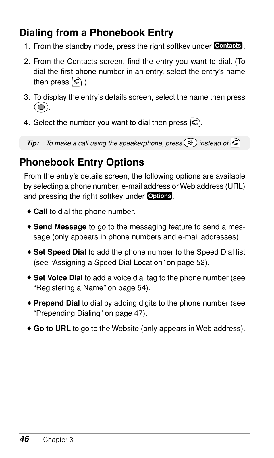 Dialing from a phonebook entry, Phonebook entry options | Audiovox CDM-9900 User Manual | Page 48 / 162