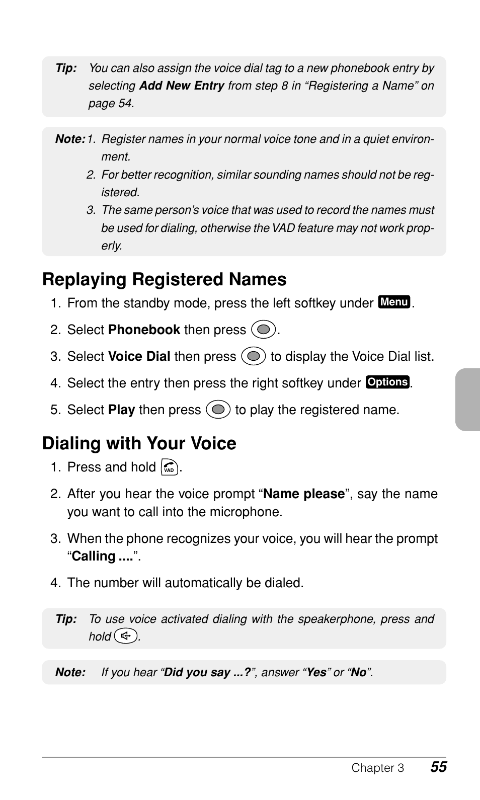 Replaying registered names, Dialing with your voice | Audiovox CDM-9900 User Manual | Page 57 / 162