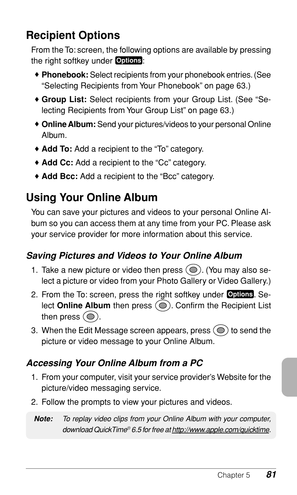 Recipient options, Using your online album, Saving pictures and videos to your online album | Accessing your online album from a pc | Audiovox CDM-9900 User Manual | Page 83 / 162
