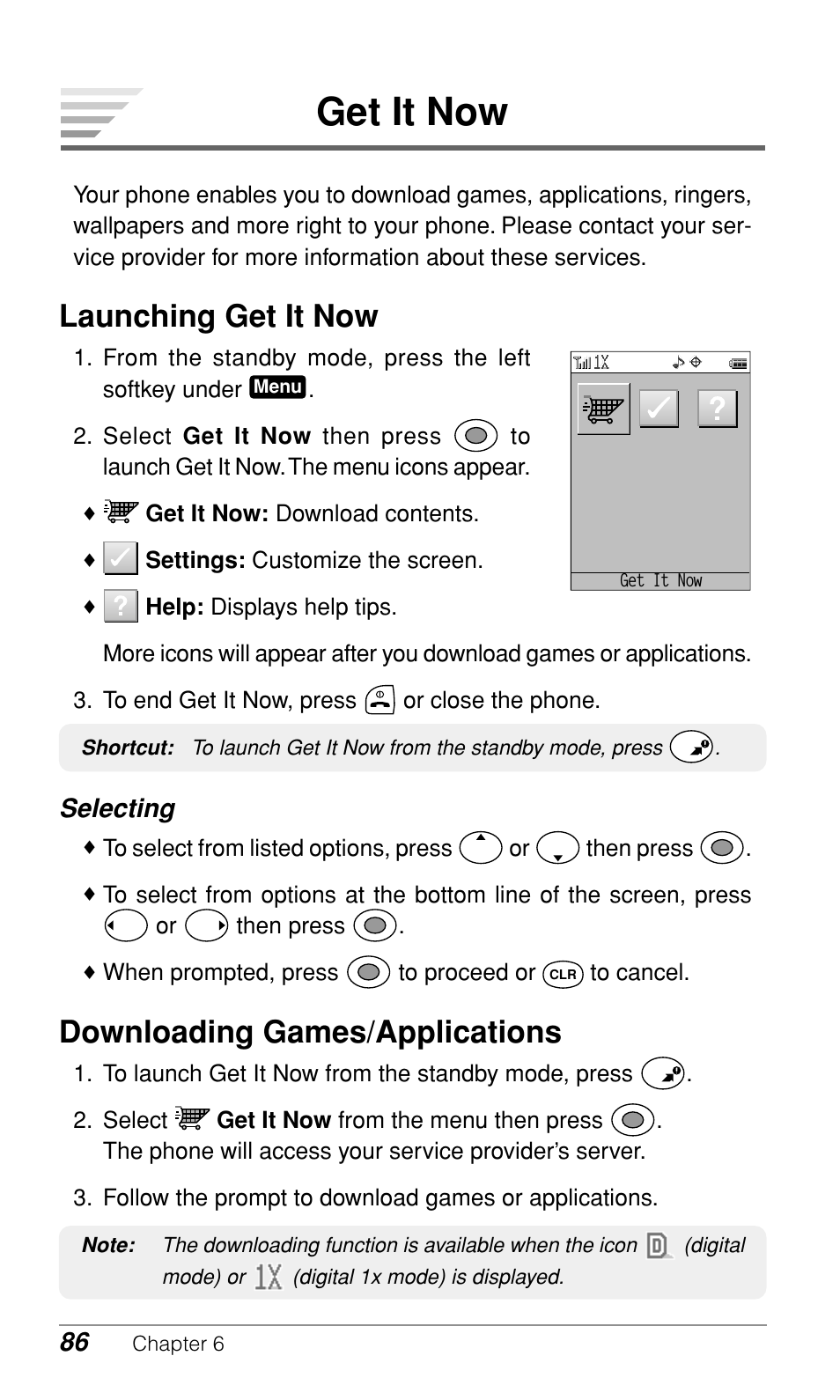 Get it now, Launching get it now, Downloading games/applications | Selecting | Audiovox CDM-9900 User Manual | Page 88 / 162