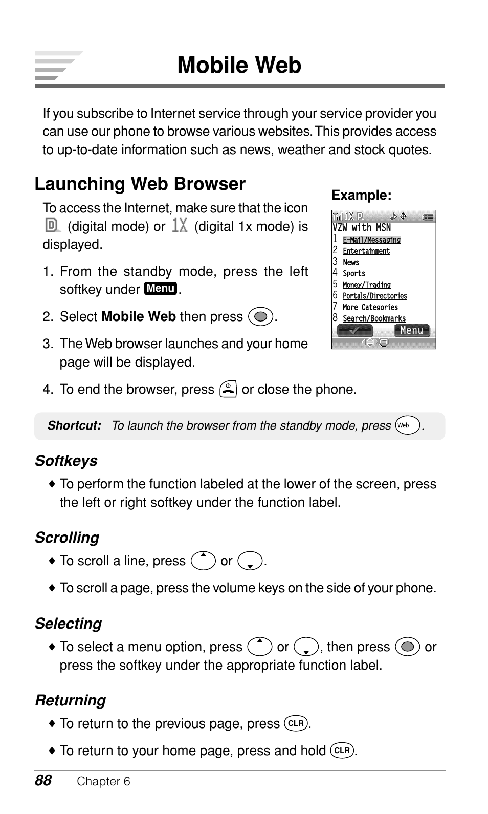 Mobile web, Launching web browser, Softkeys | Scrolling, Selecting, Returning, Example | Audiovox CDM-9900 User Manual | Page 90 / 162