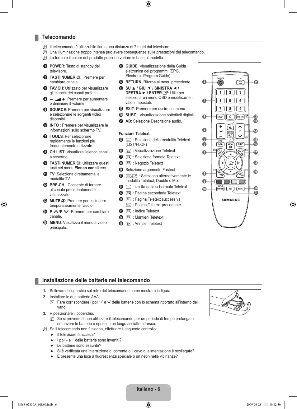 Telecomando, Installazione delle batterie nel telecomando | Samsung LE19B450C4W User Manual | Page 144 / 318