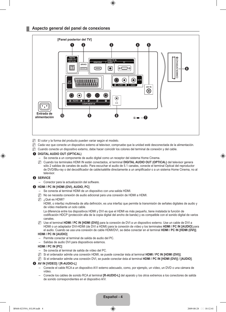 Aspecto general del panel de conexiones | Samsung LE19B450C4W User Manual | Page 178 / 318