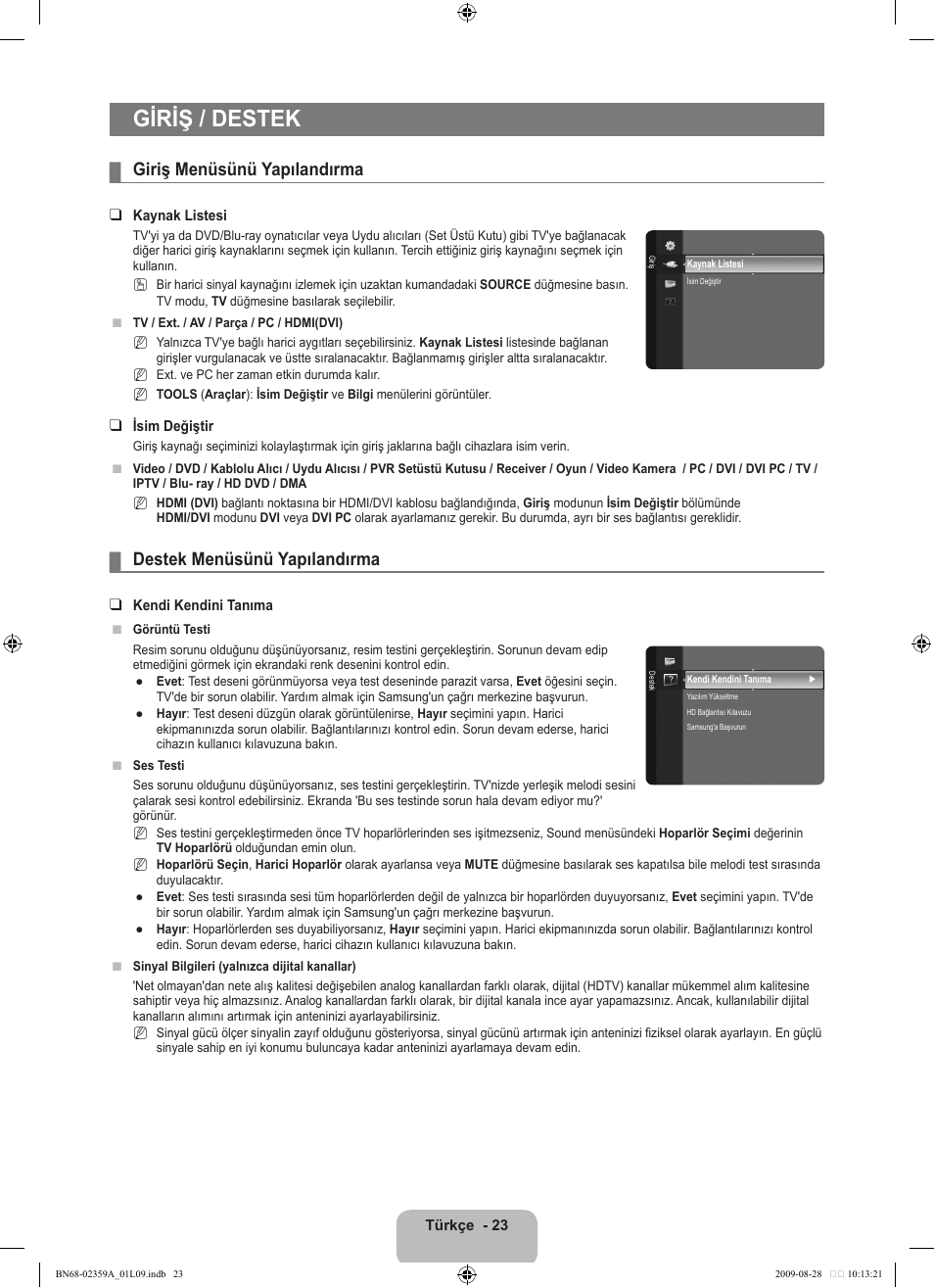 Giriş / destek, Giriş menüsünü yapılandırma, Destek menüsünü yapılandırma | Samsung LE19B450C4W User Manual | Page 299 / 318