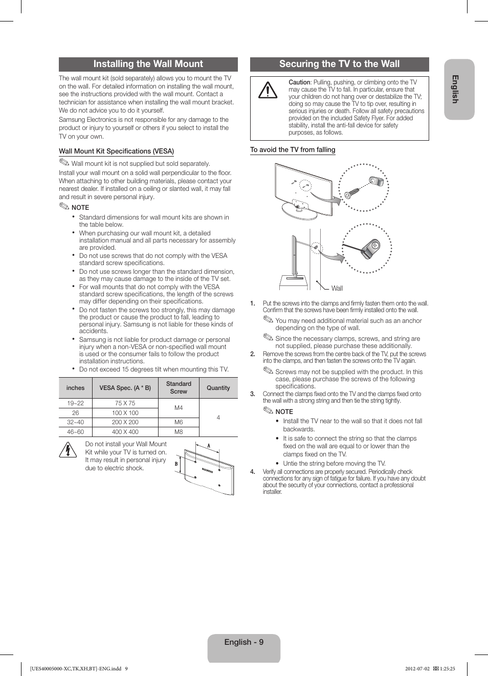 Installing the wall mount, Securing the tv to the wall | Samsung UE19ES4000W User Manual | Page 9 / 49