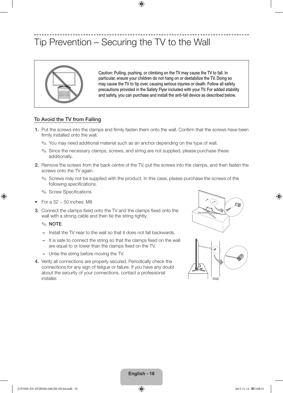 Tip prevention – securing the tv to the wall | Samsung UE32F5500AW User Manual | Page 18 / 81