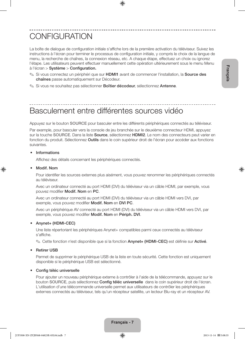 Configuration, Basculement entre différentes sources vidéo | Samsung UE32F5500AW User Manual | Page 27 / 81