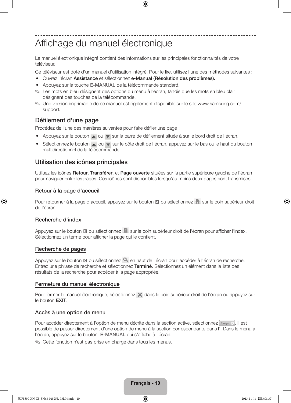 Affichage du manuel électronique, Défilement d'une page, Utilisation des icônes principales | Samsung UE32F5500AW User Manual | Page 30 / 81