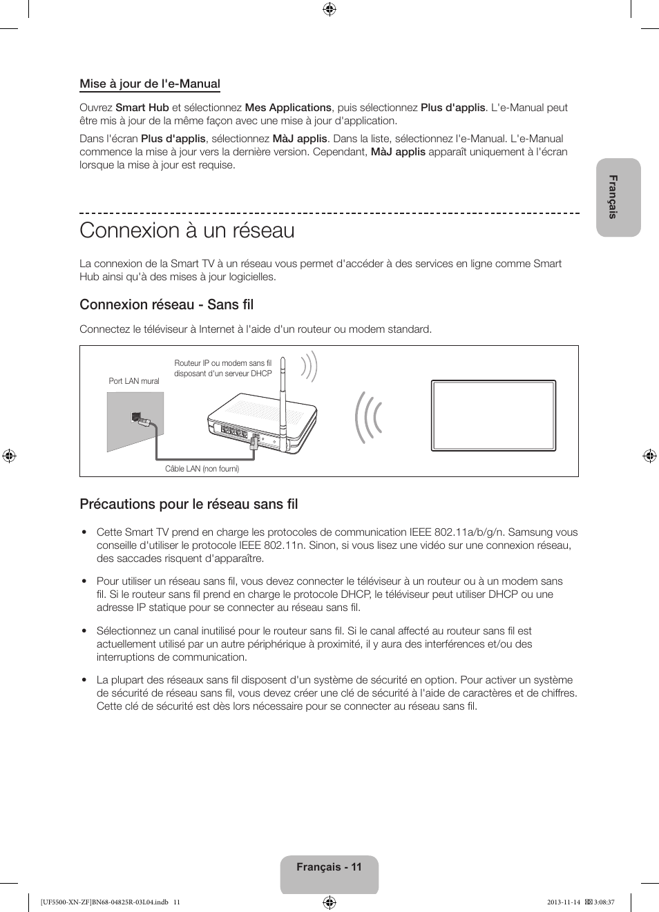 Connexion à un réseau, Connexion réseau - sans fil, Précautions pour le réseau sans fil | Samsung UE32F5500AW User Manual | Page 31 / 81