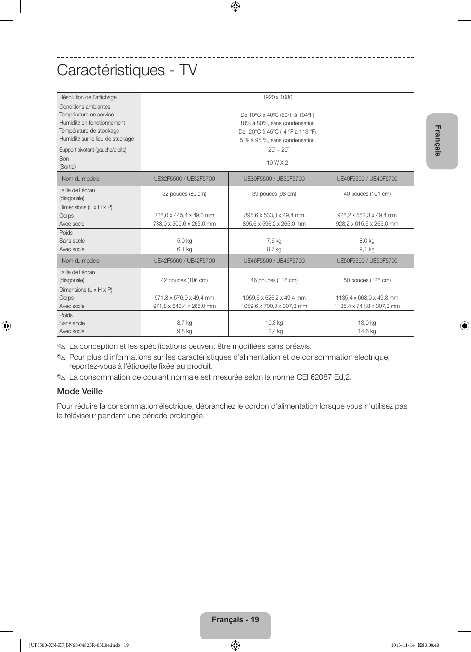 Caractéristiques - tv, Mode veille | Samsung UE32F5500AW User Manual | Page 39 / 81