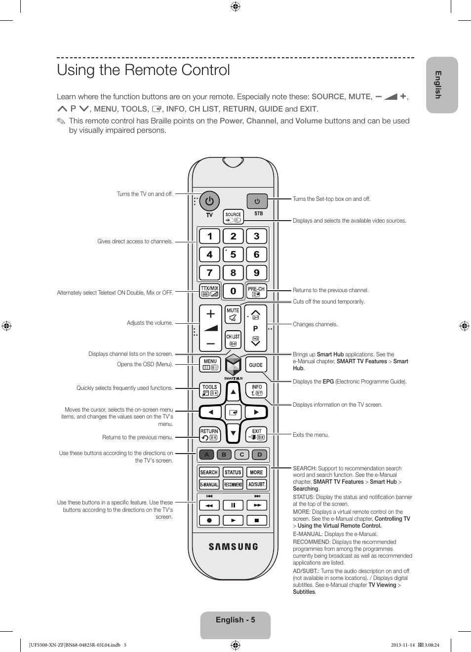 Using the remote control | Samsung UE32F5500AW User Manual | Page 5 / 81