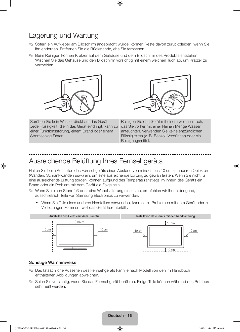 Lagerung und wartung, Ausreichende belüftung ihres fernsehgeräts | Samsung UE32F5500AW User Manual | Page 56 / 81
