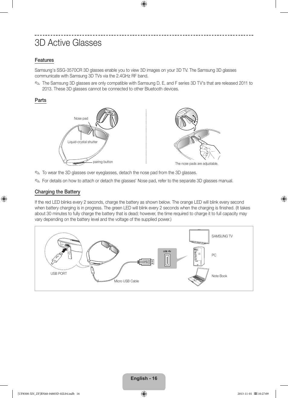 3d active glasses | Samsung UE55F8500SL User Manual | Page 16 / 97