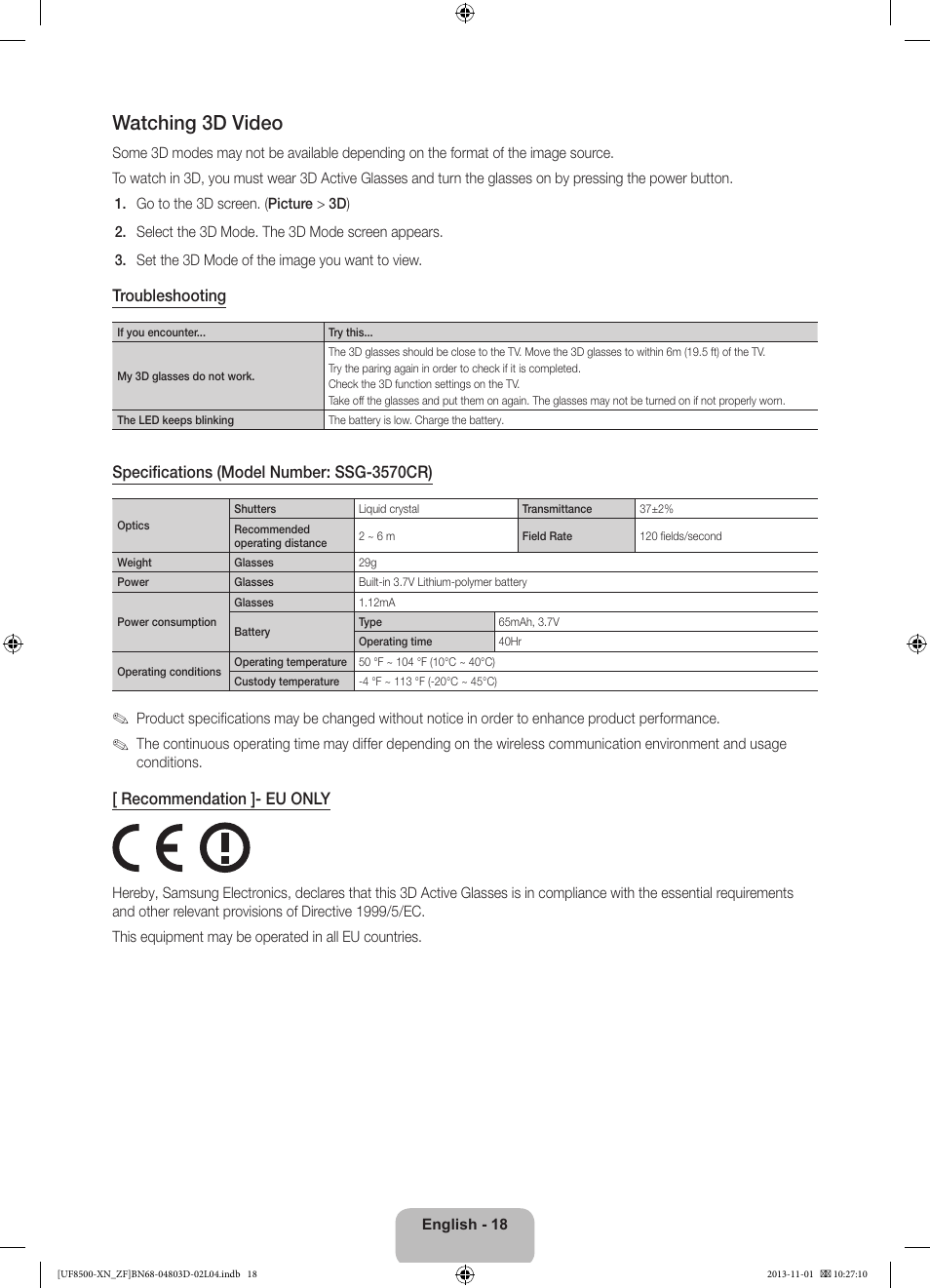Watching 3d video, Troubleshooting, Specifications (model number: ssg-3570cr) | Recommendation ]- eu only | Samsung UE55F8500SL User Manual | Page 18 / 97