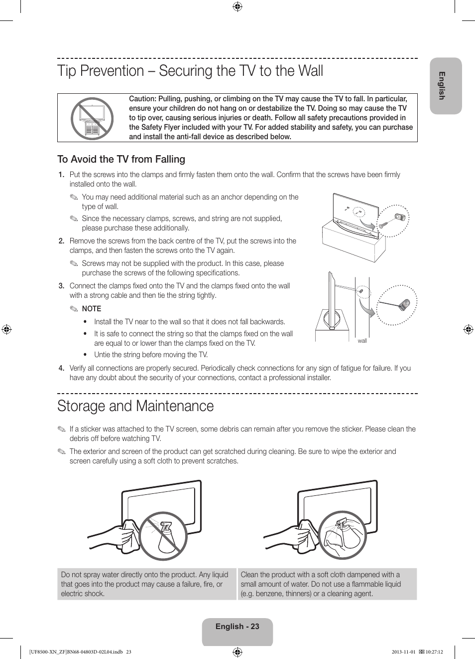 Tip prevention – securing the tv to the wall, Storage and maintenance | Samsung UE55F8500SL User Manual | Page 23 / 97