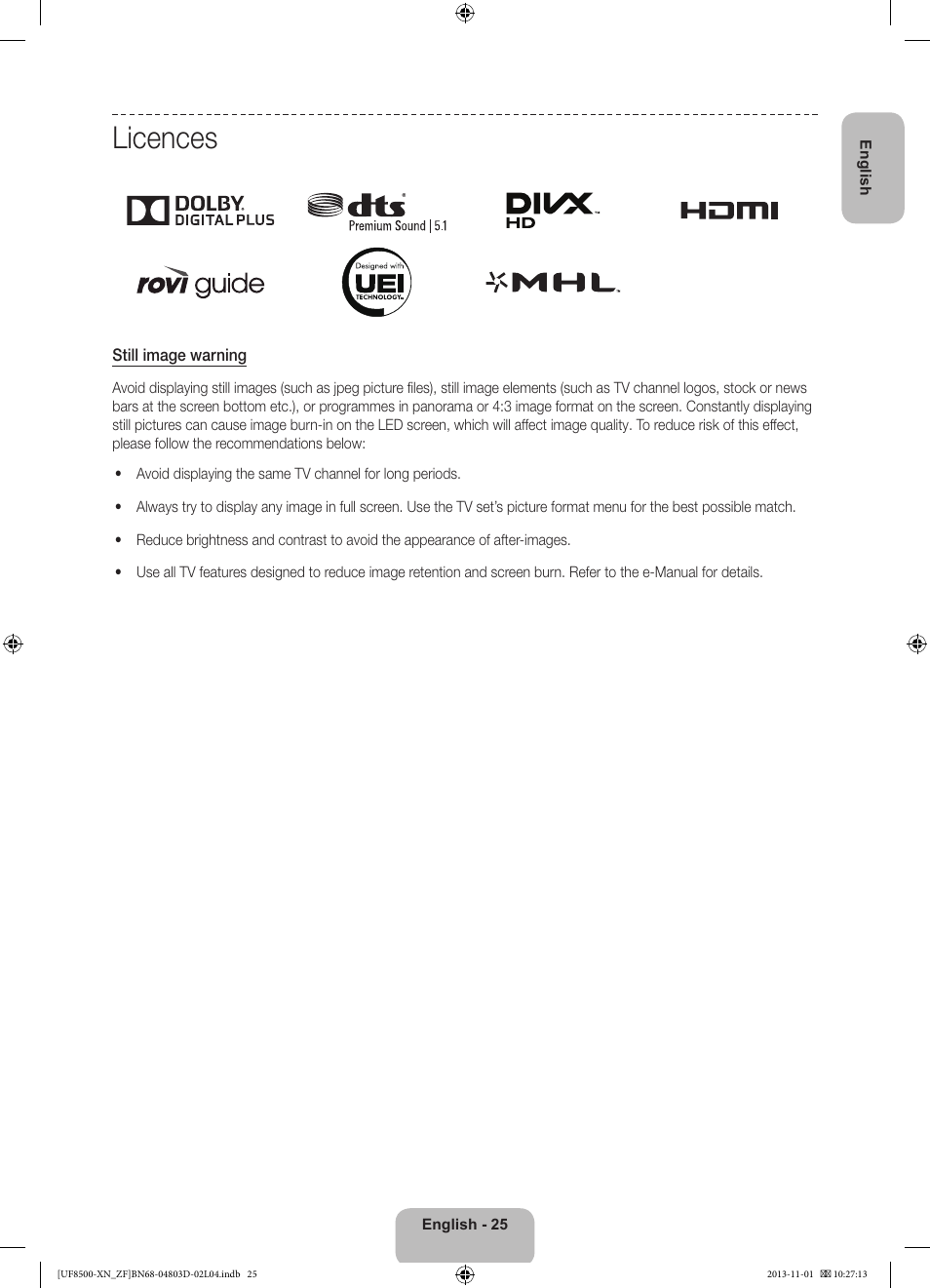 Licences | Samsung UE55F8500SL User Manual | Page 25 / 97