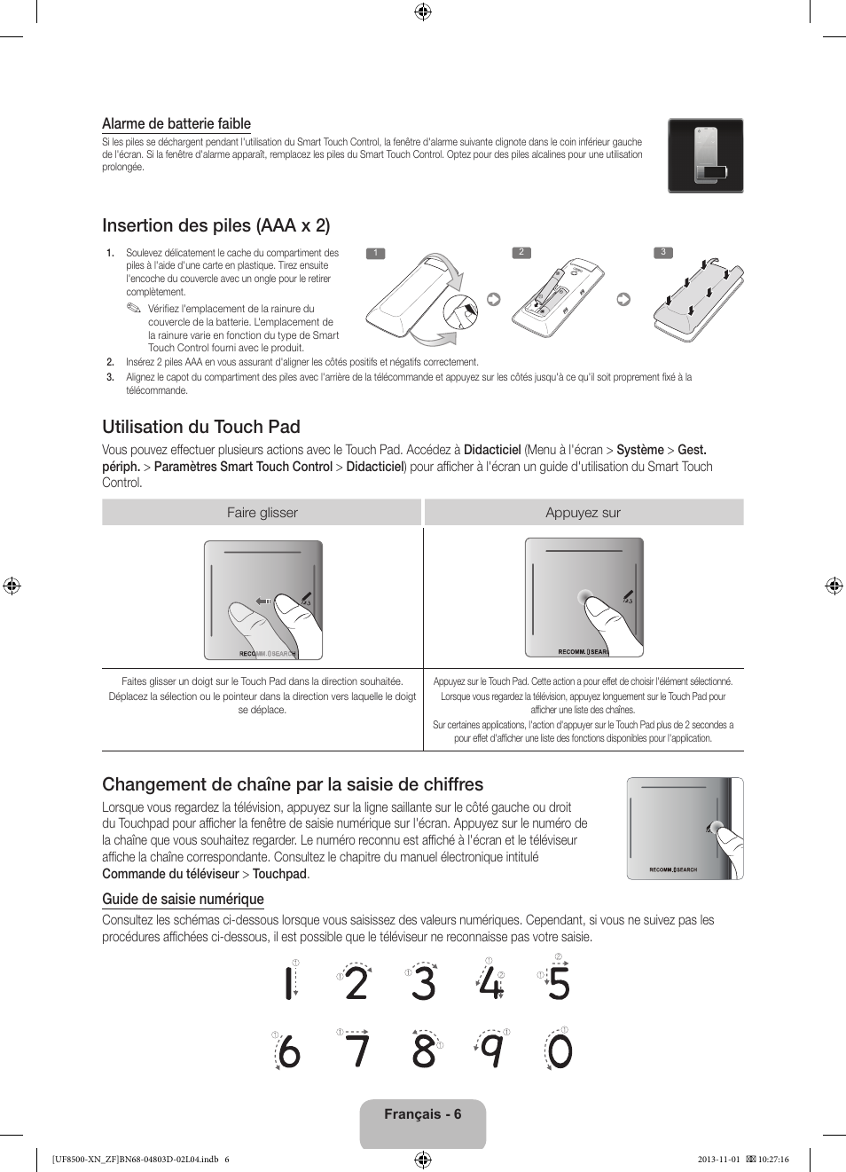 Insertion des piles (aaa x 2), Utilisation du touch pad, Changement de chaîne par la saisie de chiffres | Samsung UE55F8500SL User Manual | Page 30 / 97
