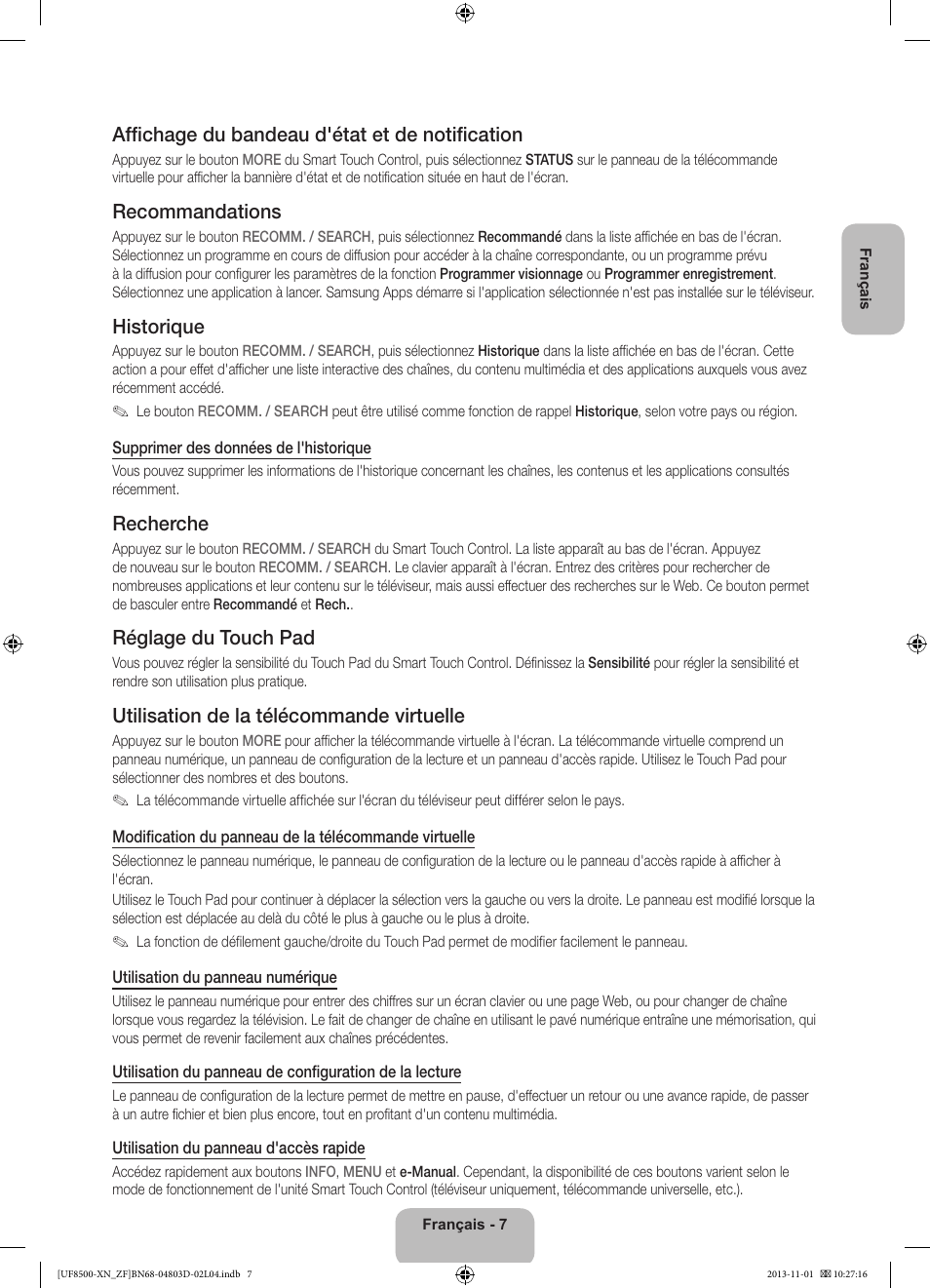 Affichage du bandeau d'état et de notification, Recommandations, Historique | Recherche, Réglage du touch pad, Utilisation de la télécommande virtuelle | Samsung UE55F8500SL User Manual | Page 31 / 97