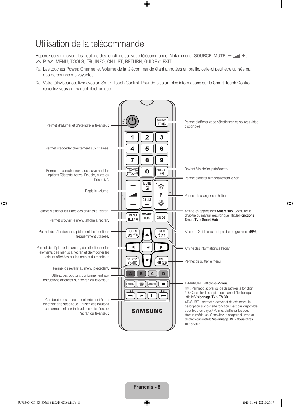 Utilisation de la télécommande | Samsung UE55F8500SL User Manual | Page 32 / 97
