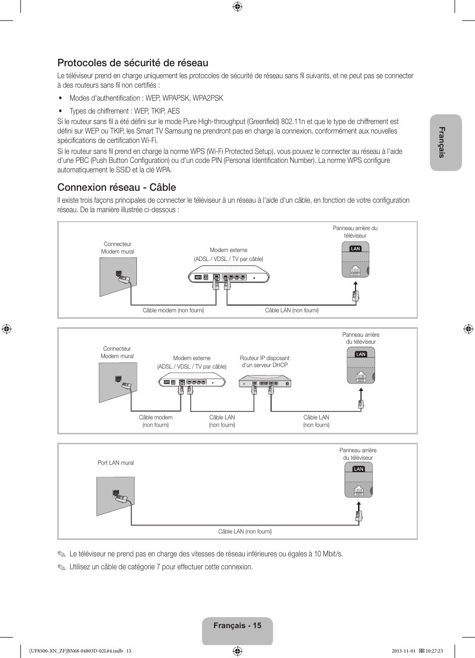 Protocoles de sécurité de réseau, Connexion réseau - câble | Samsung UE55F8500SL User Manual | Page 39 / 97