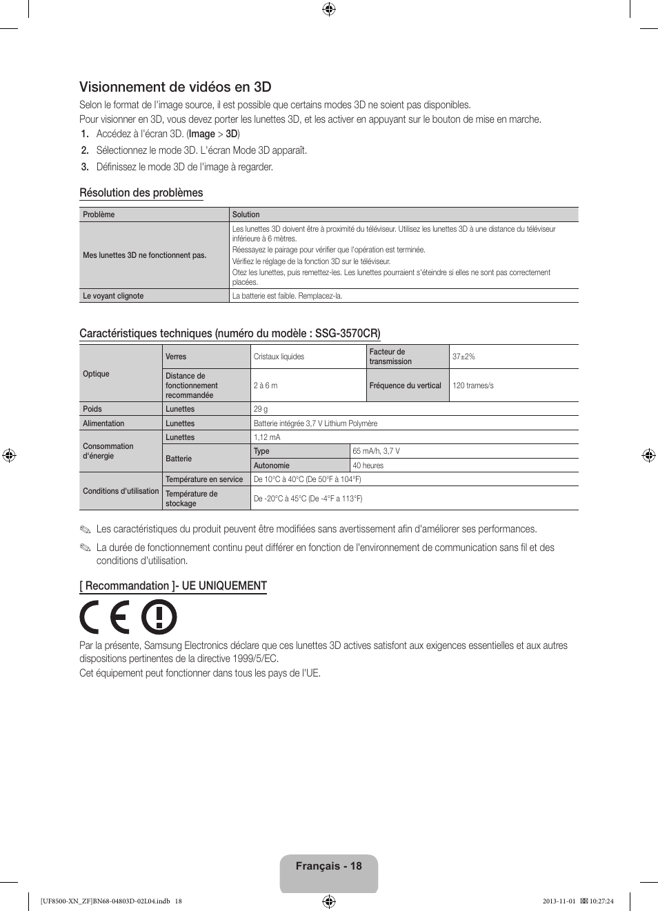 Visionnement de vidéos en 3d, Résolution des problèmes, Recommandation ]- ue uniquement | Samsung UE55F8500SL User Manual | Page 42 / 97