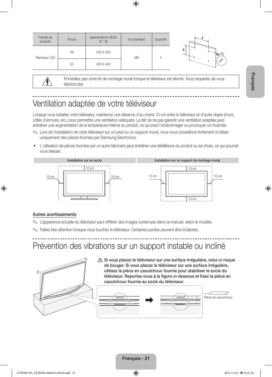 Ventilation adaptée de votre téléviseur | Samsung UE55F8500SL User Manual | Page 45 / 97