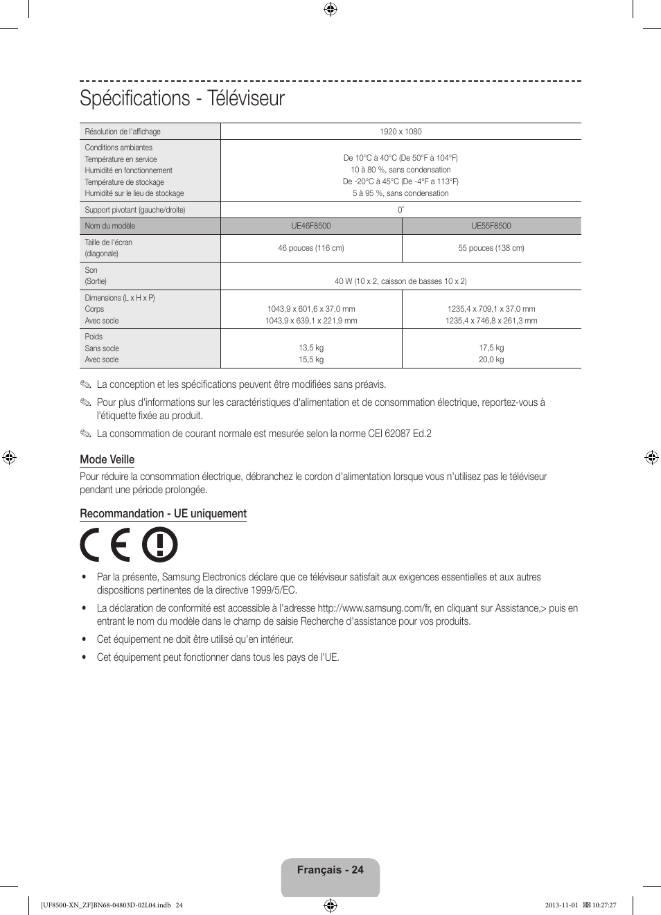 Spécifications - téléviseur | Samsung UE55F8500SL User Manual | Page 48 / 97