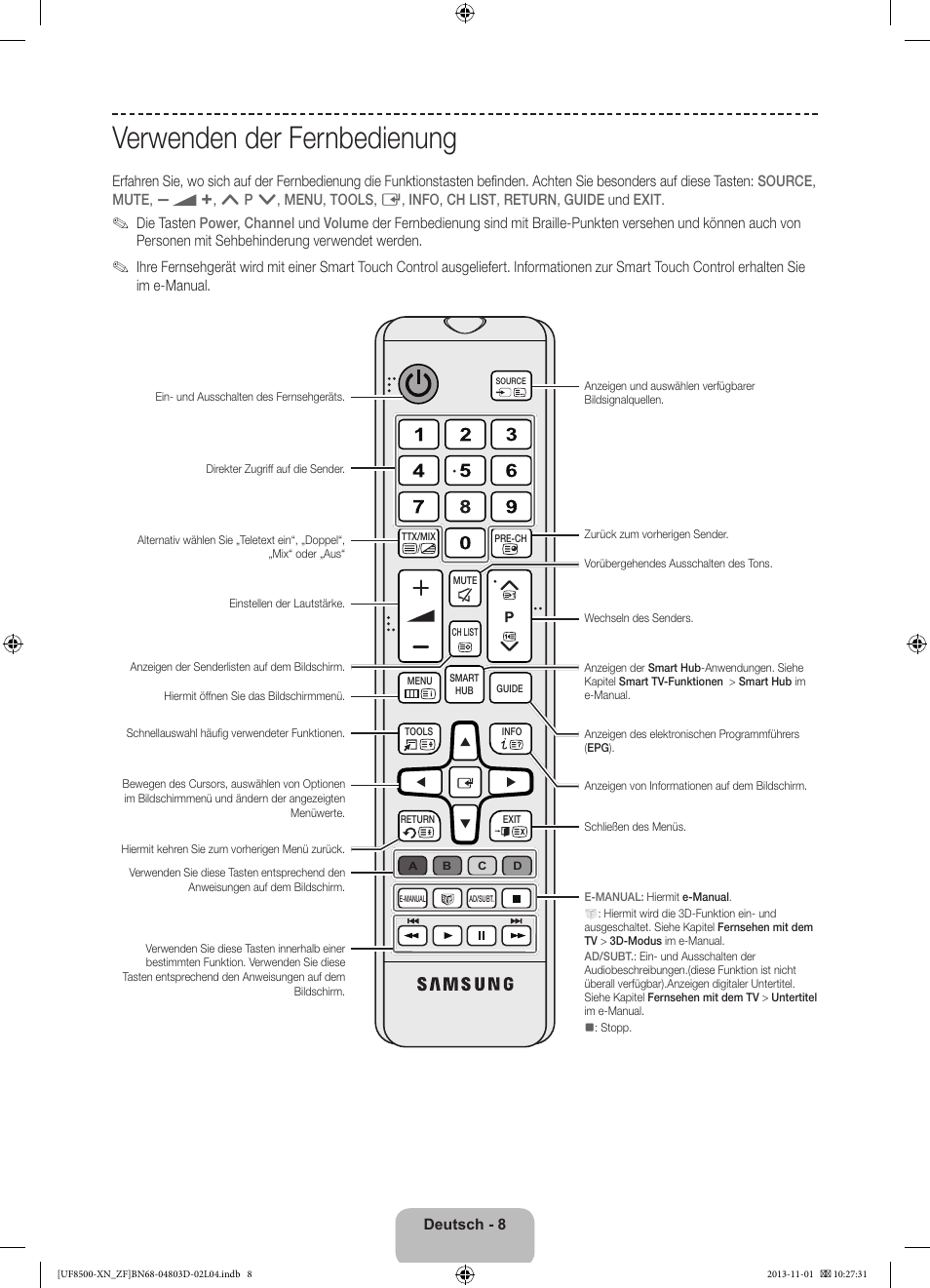 Verwenden der fernbedienung | Samsung UE55F8500SL User Manual | Page 56 / 97