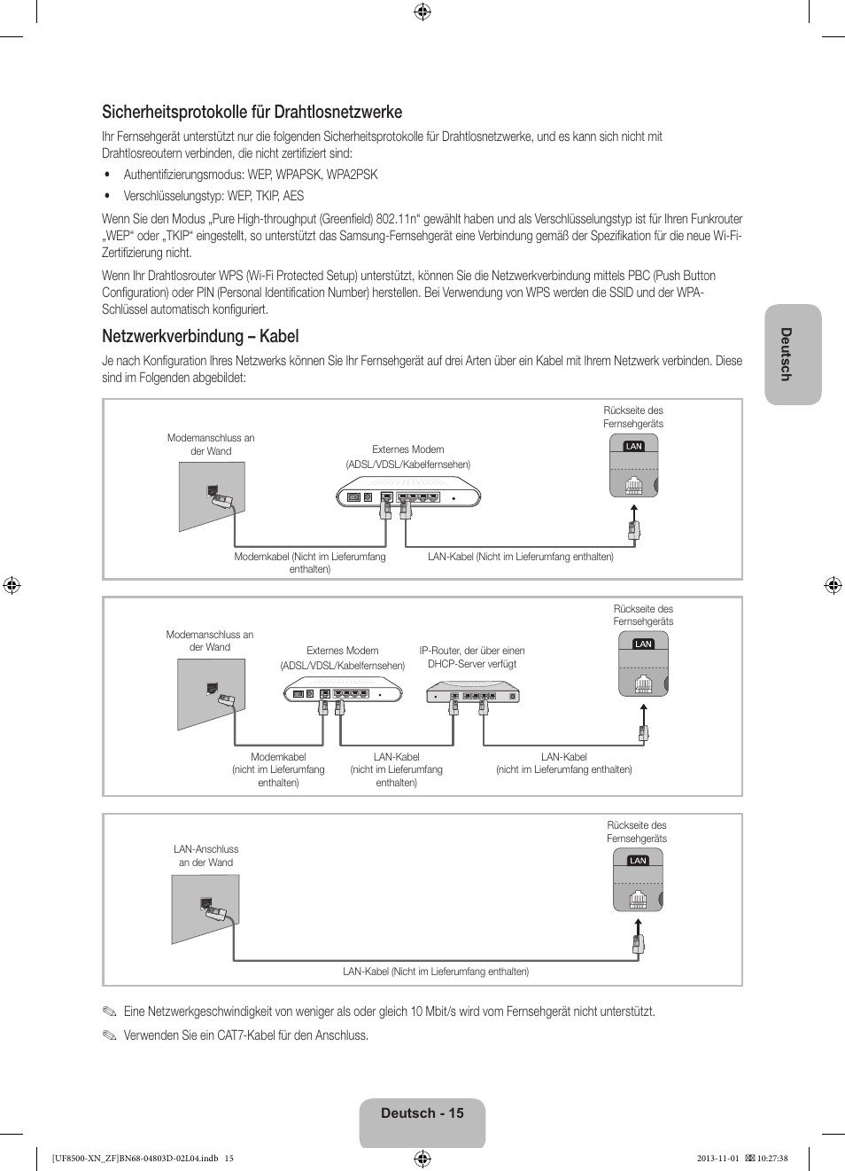 Sicherheitsprotokolle für drahtlosnetzwerke, Netzwerkverbindung – kabel | Samsung UE55F8500SL User Manual | Page 63 / 97