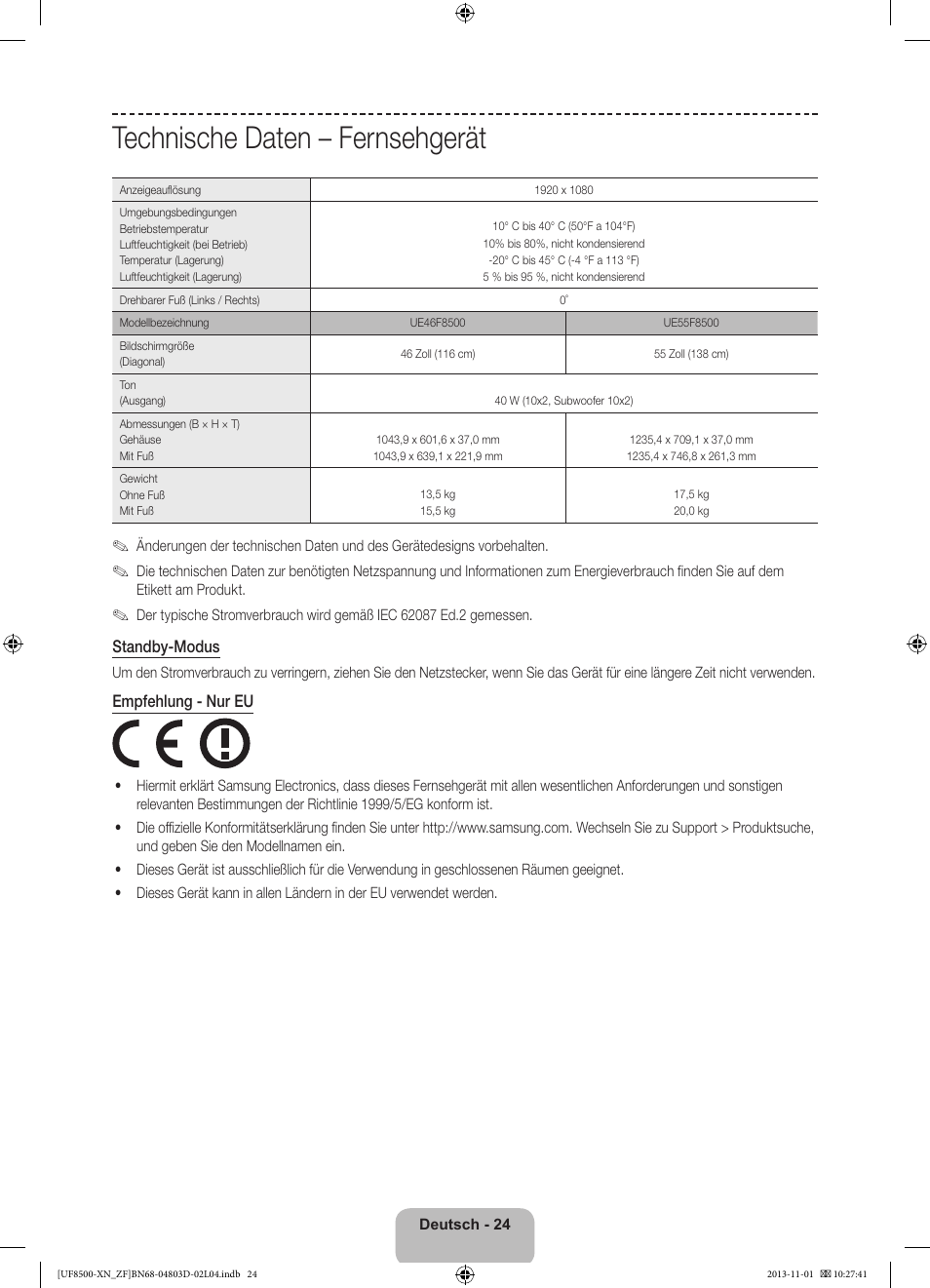 Technische daten – fernsehgerät | Samsung UE55F8500SL User Manual | Page 72 / 97