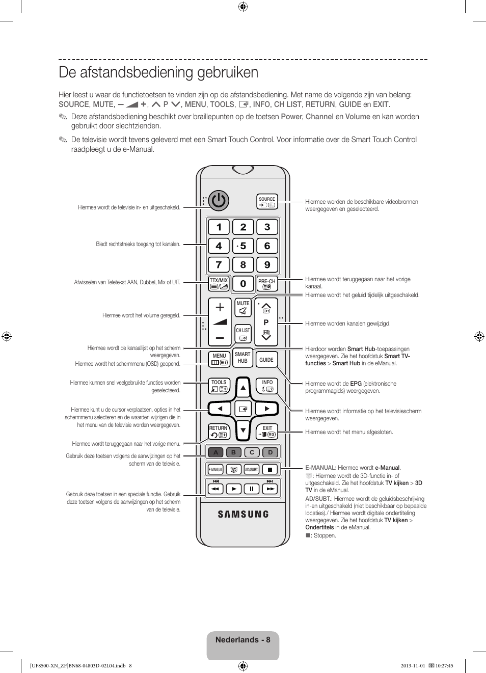 De afstandsbediening gebruiken | Samsung UE55F8500SL User Manual | Page 80 / 97