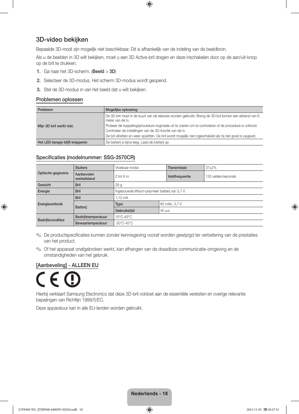 3d-video bekijken, Problemen oplossen, Specificaties (modelnummer: ssg-3570cr) | Aanbeveling] - alleen eu | Samsung UE55F8500SL User Manual | Page 90 / 97
