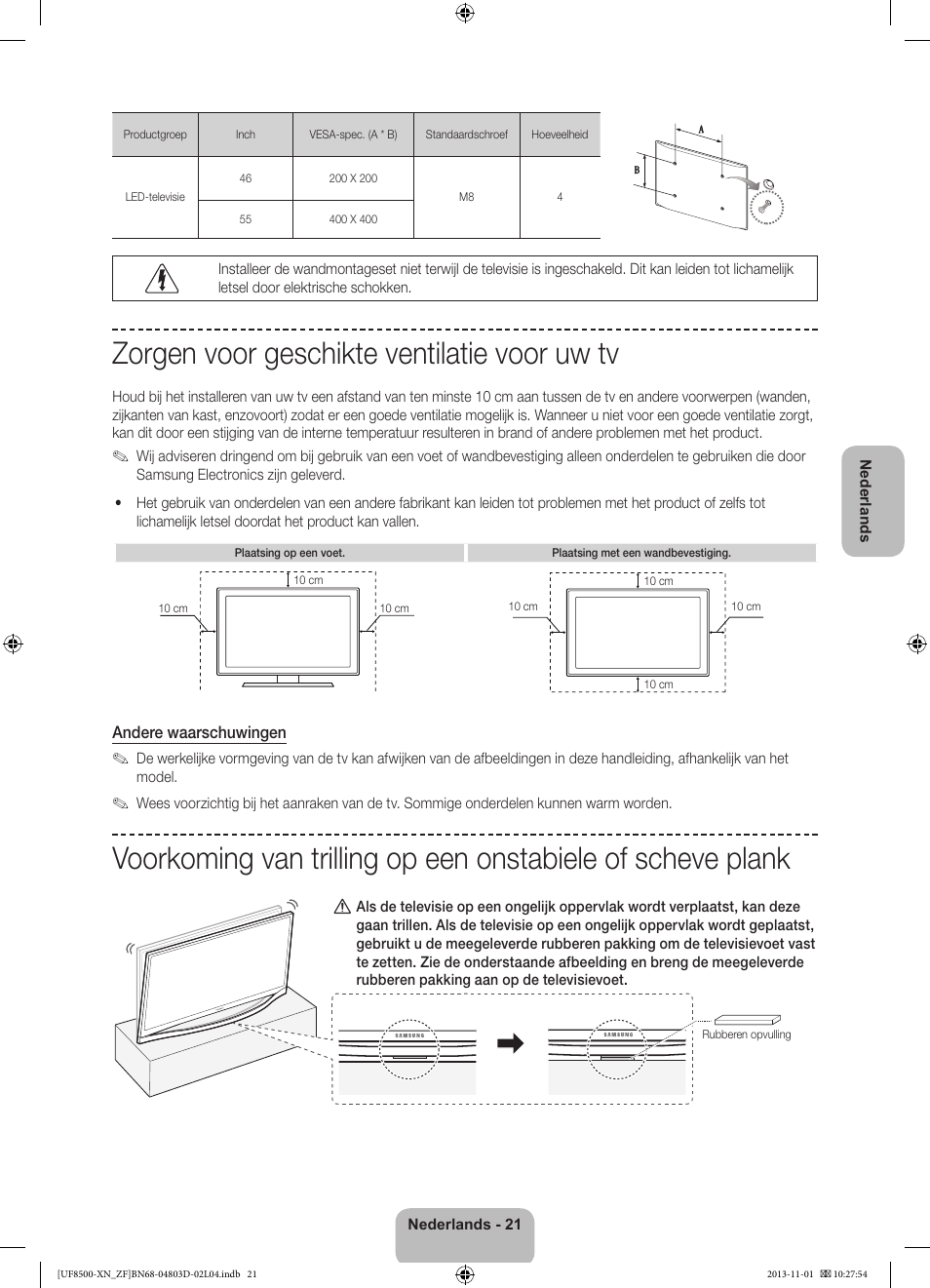 Zorgen voor geschikte ventilatie voor uw tv | Samsung UE55F8500SL User Manual | Page 93 / 97