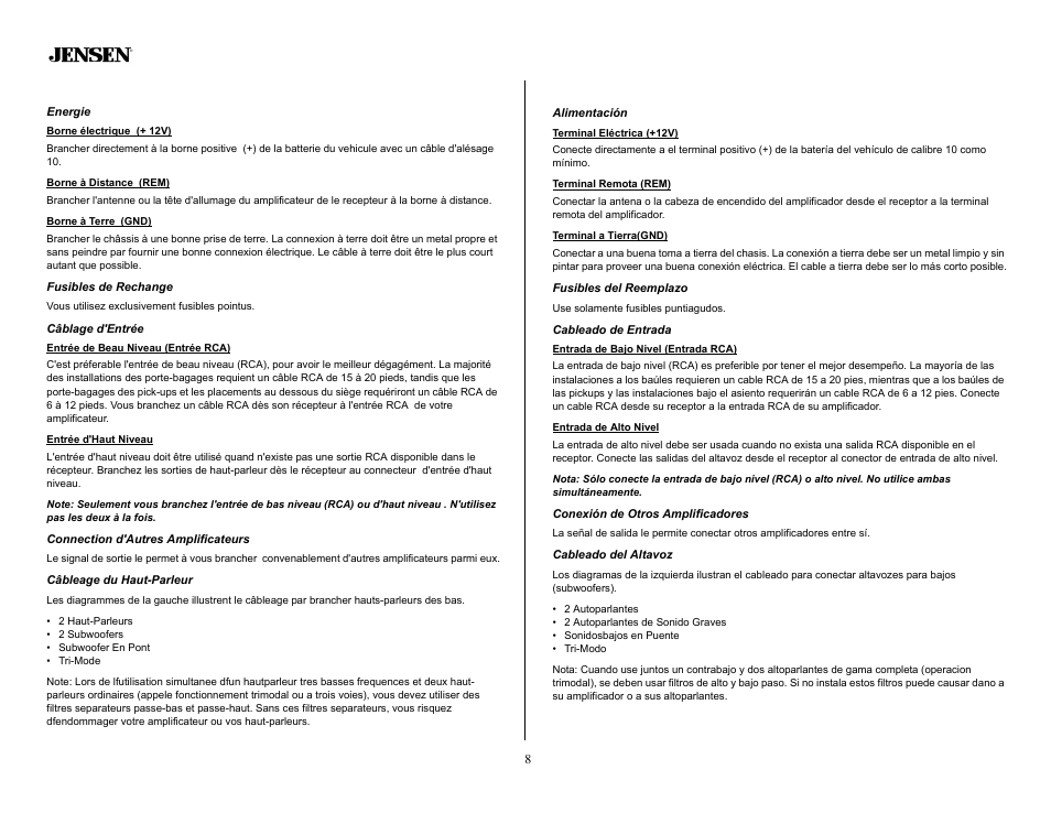Cablage, Energie, Fusibles de rechange | Câblage d'entrée, Connection d'autres amplificateurs, Câbleage du haut-parleur, Cableado, Alimentación, Fusibles del reemplazo, Cableado de entrada | Audiovox A34XP User Manual | Page 8 / 13