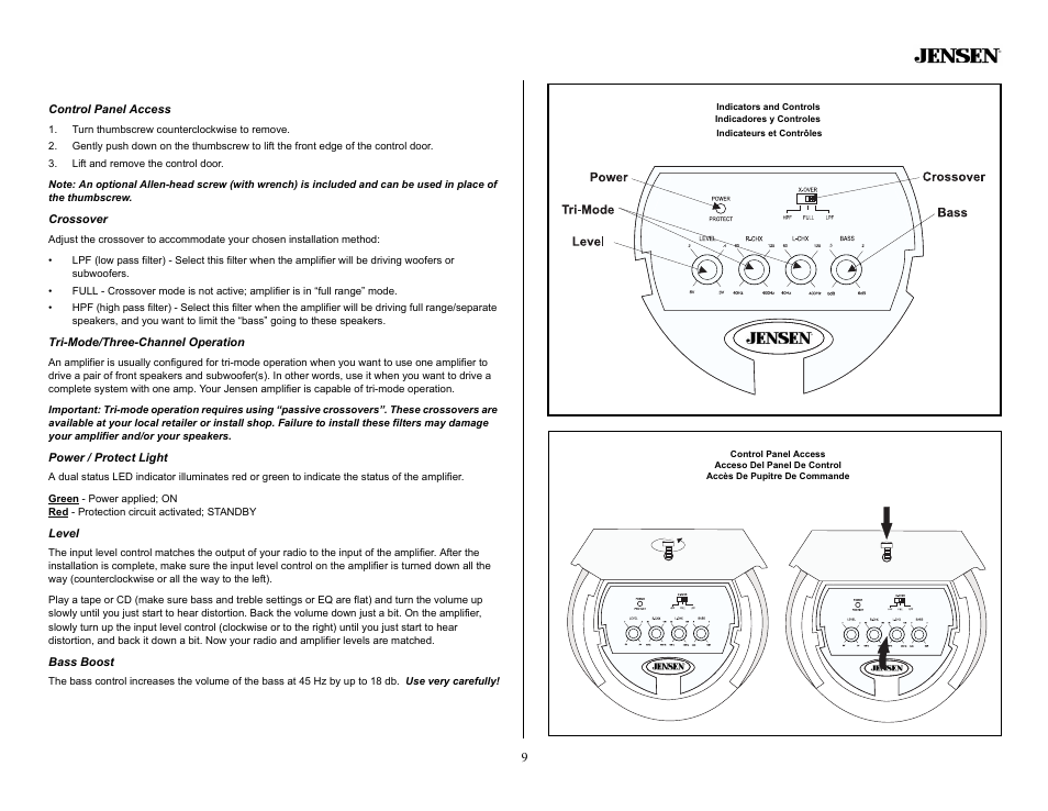 Indicators and controls, Control panel access, Turn thumbscrew counterclockwise to remove | Lift and remove the control door, Crossover, Tri-mode/three-channel operation, Power / protect light, Level, Bass boost, A34xp & a46xp | Audiovox A34XP User Manual | Page 9 / 13