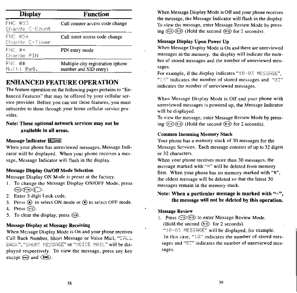 Message indicator, Message display on/off mode selection, Message display at message receiving | Message display upon power up, Common incoming memory stack, Message review, Display function, Enhanced feature operation | Audiovox MVX507 User Manual | Page 21 / 29