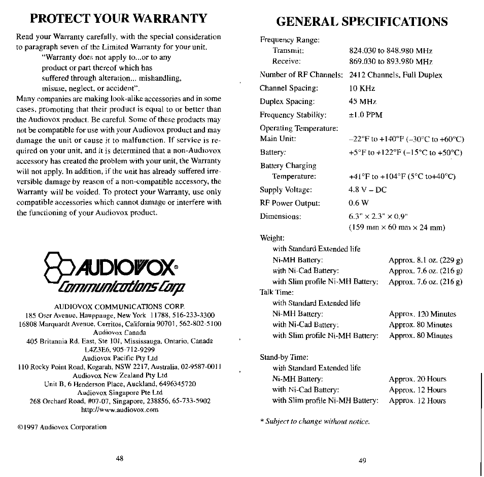 Qo/wdiorox, Protect your warranty general specifications | Audiovox MVX507 User Manual | Page 26 / 29