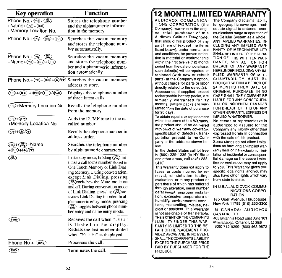 12 month limited warranty, Key operation function | Audiovox MVX507 User Manual | Page 28 / 29