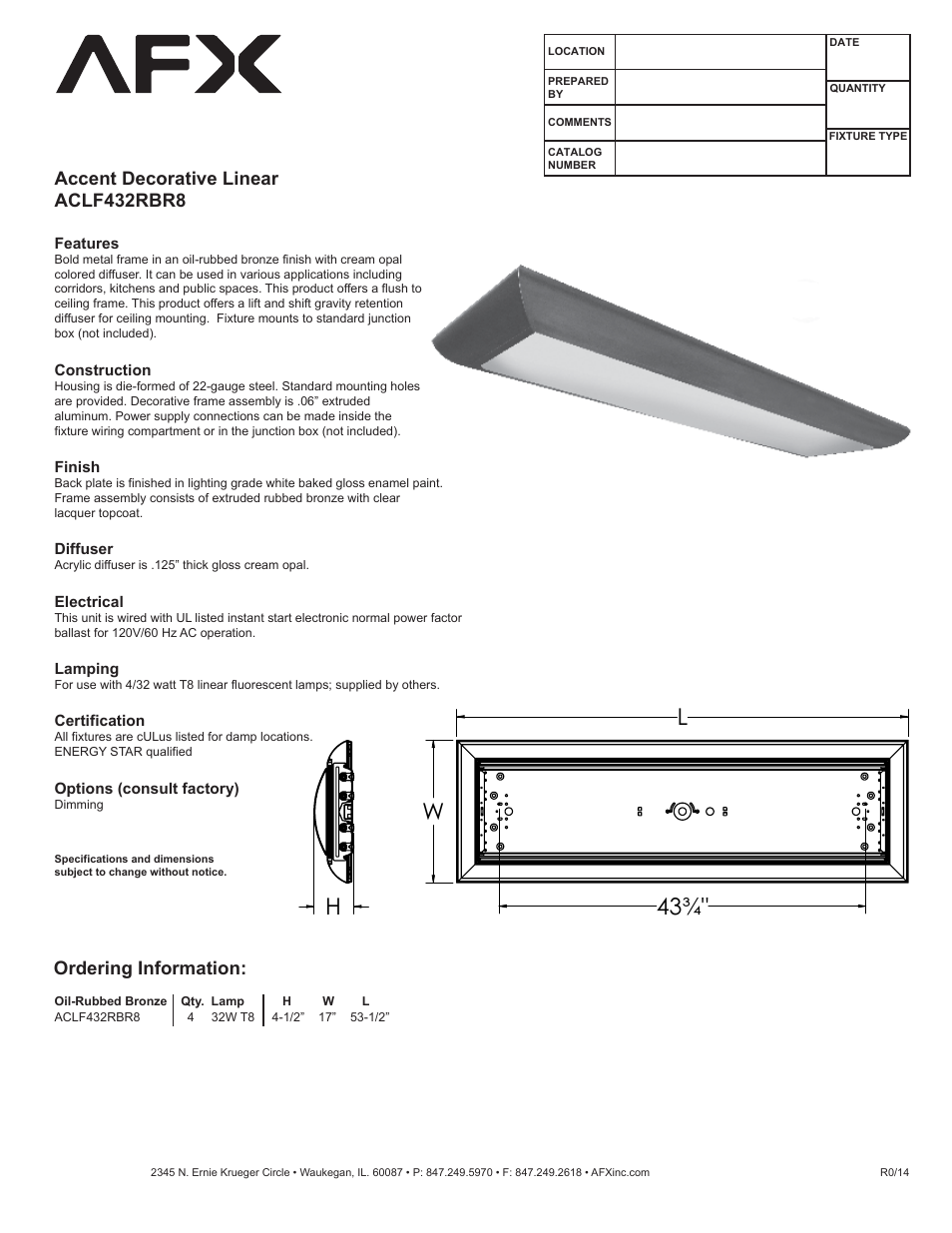 AFX ACLF432RBR8 User Manual | 1 page