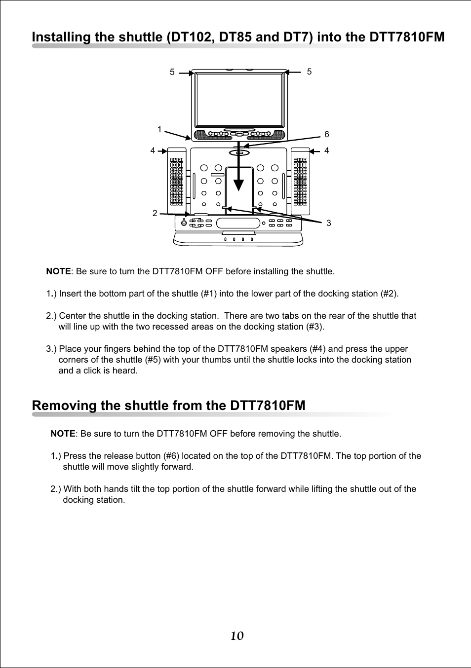 Removing the shuttle from the dtt7810fm | Audiovox Video DTT7810FM User Manual | Page 12 / 18