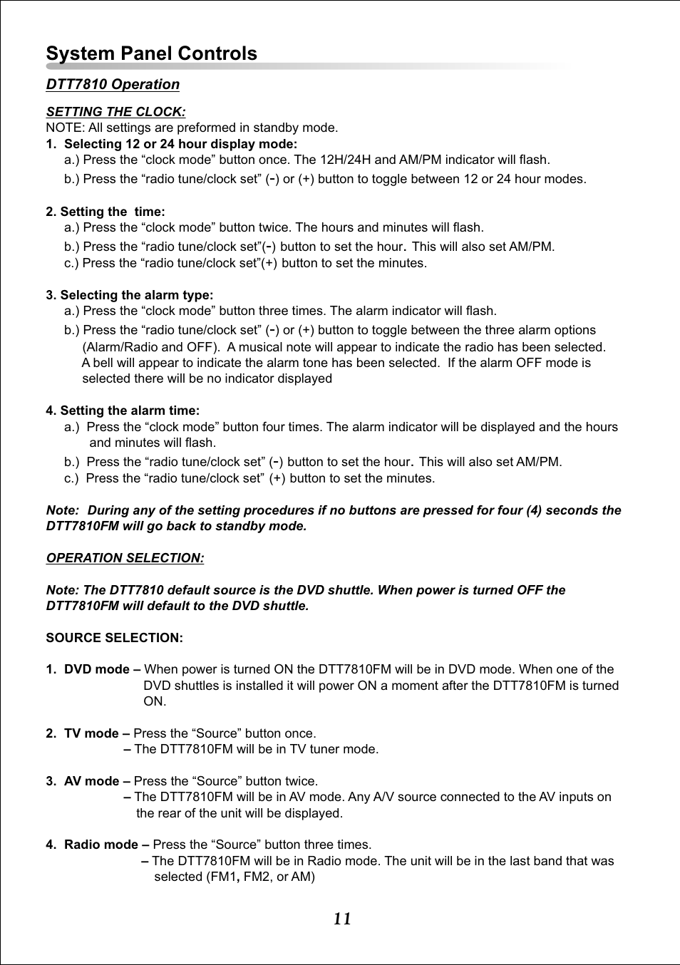 System panel controls | Audiovox Video DTT7810FM User Manual | Page 13 / 18