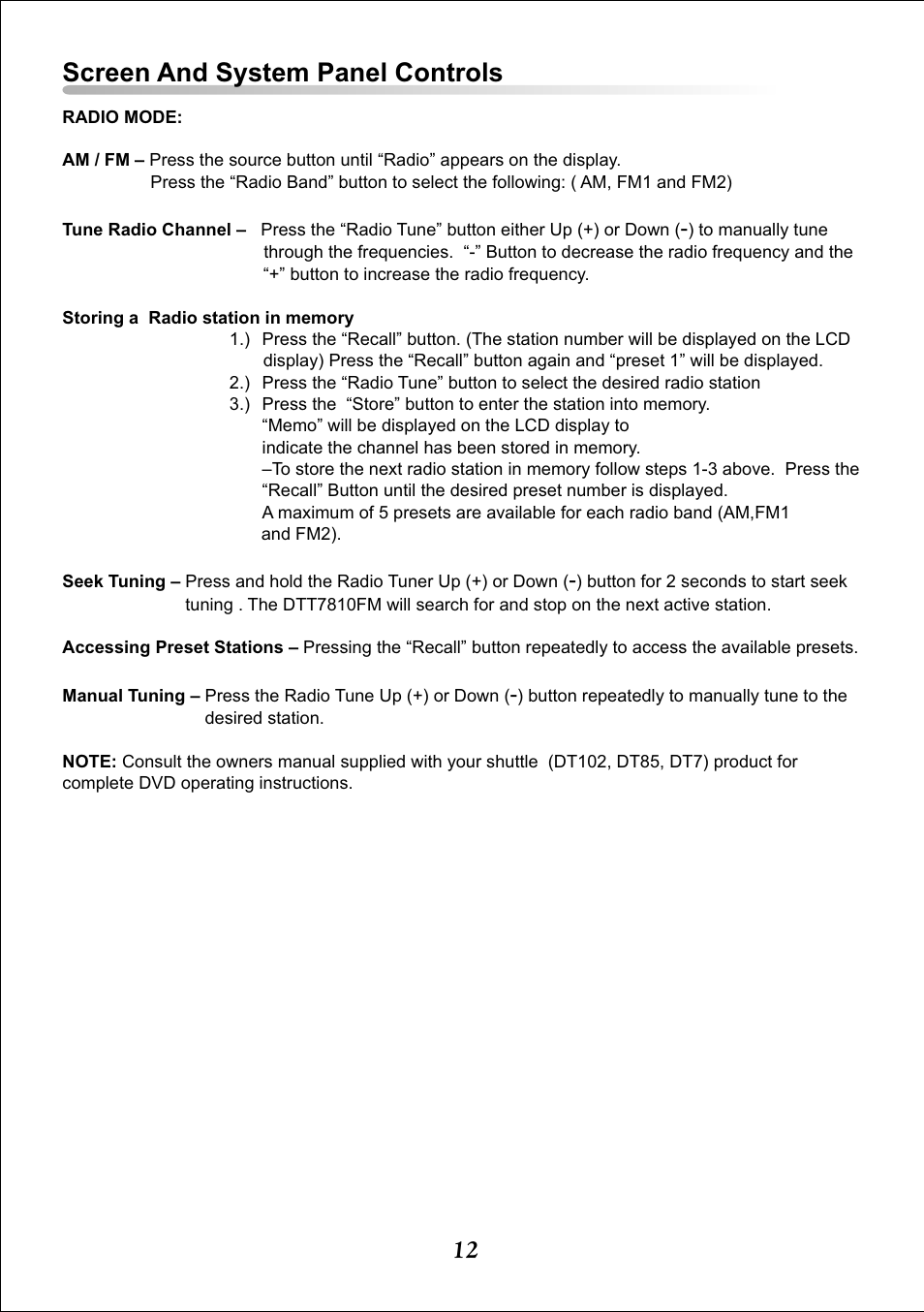 Screen and system panel controls | Audiovox Video DTT7810FM User Manual | Page 14 / 18